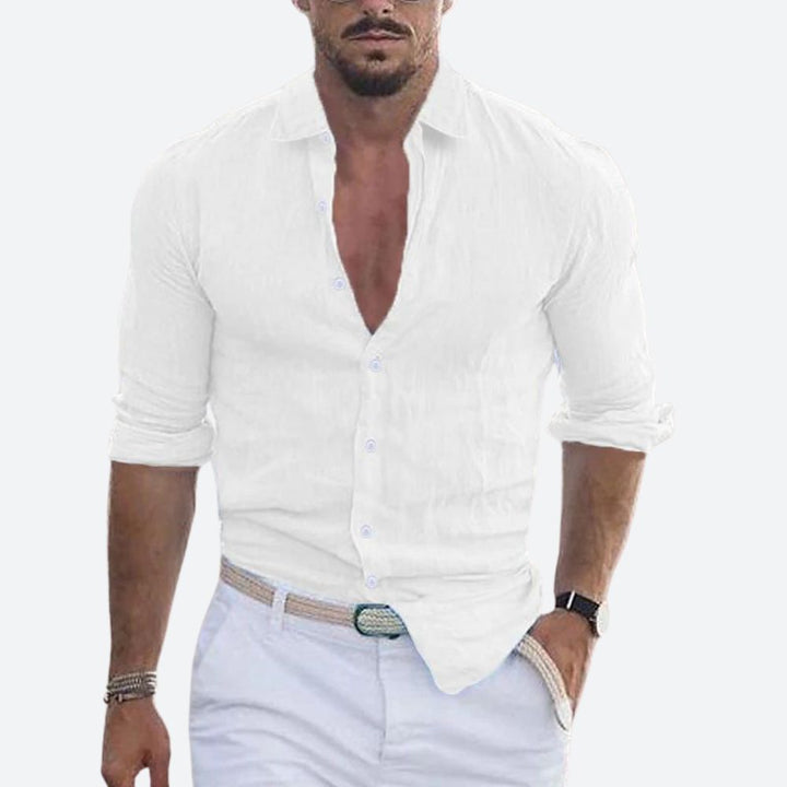 Męska lniana koszula slim fit z otwartym kołnierzem, letnia koszula zapinana na guziki