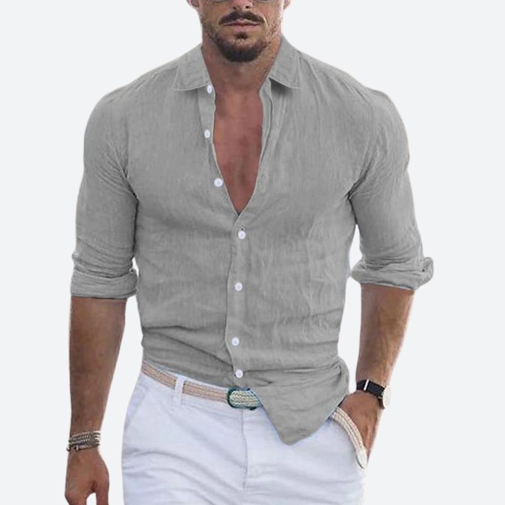 Męska lniana koszula slim fit z otwartym kołnierzem, letnia koszula zapinana na guziki