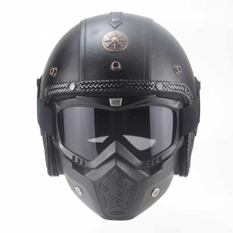 Otwarty kask motocyklowy retro vintage z osłoną i goglami