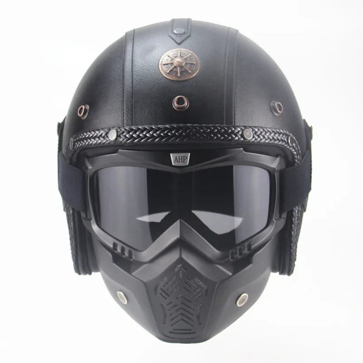 Otwarty kask motocyklowy retro vintage z osłoną i goglami