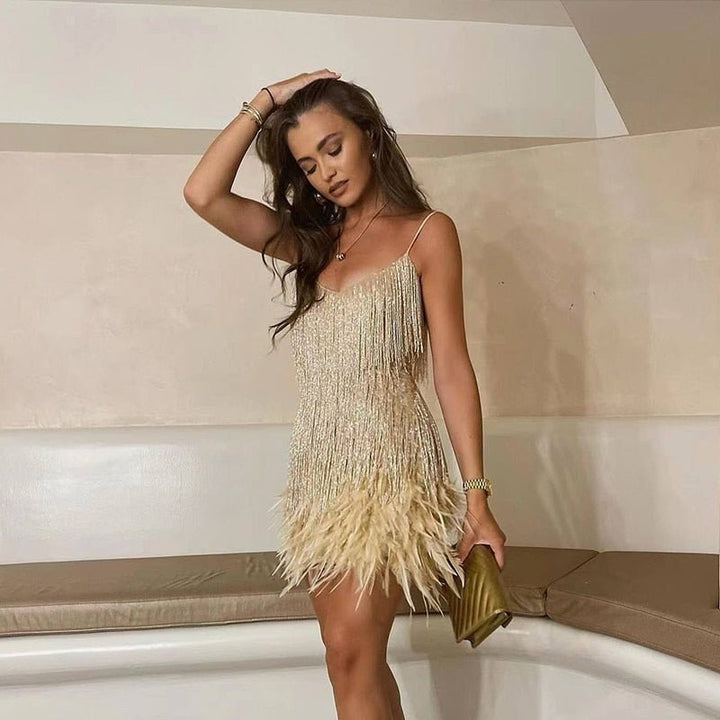 Sukienka Mini z Piorami Damska Glamour i Zabawna