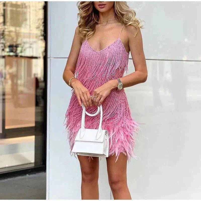 Sukienka Mini z Piorami Damska Glamour i Zabawna