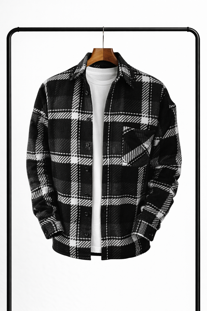 Klasyczna męska koszula w kratę typu overshirt – ciepła, wygodna koszulokurtka na przejściową warstwę