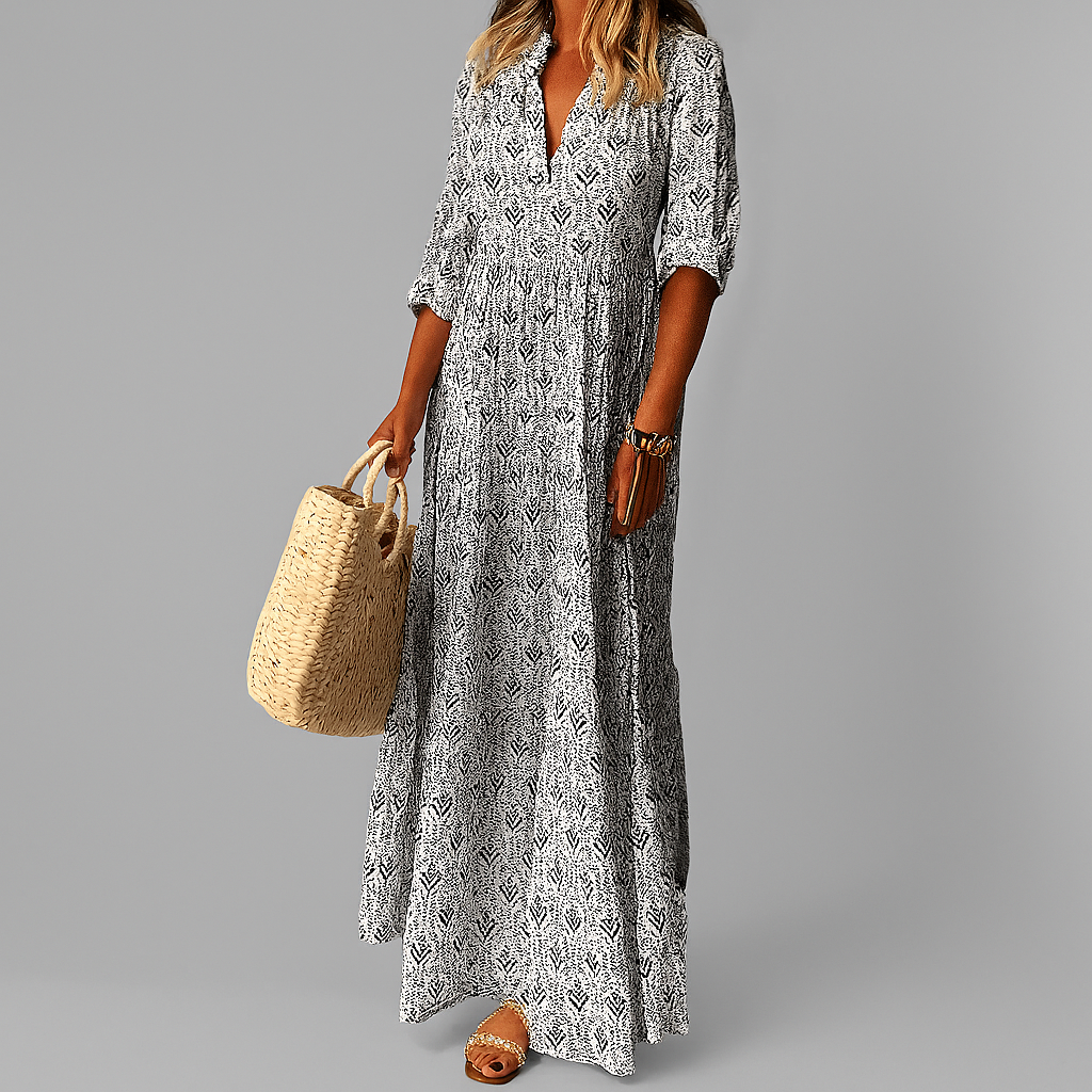 Kobieta Vintage Print Lekka Bawełniana Sukienka Maxi