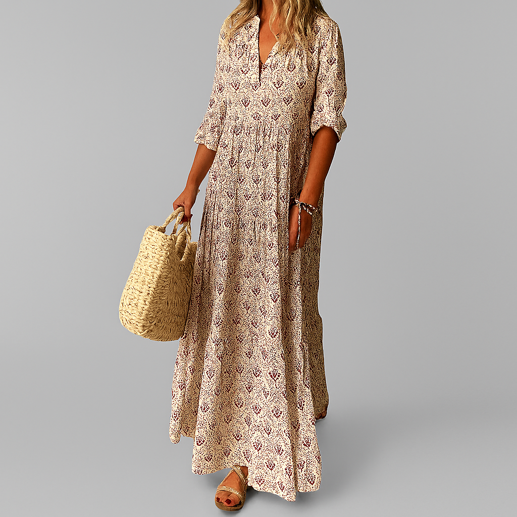 Kobieta Vintage Print Lekka Bawełniana Sukienka Maxi