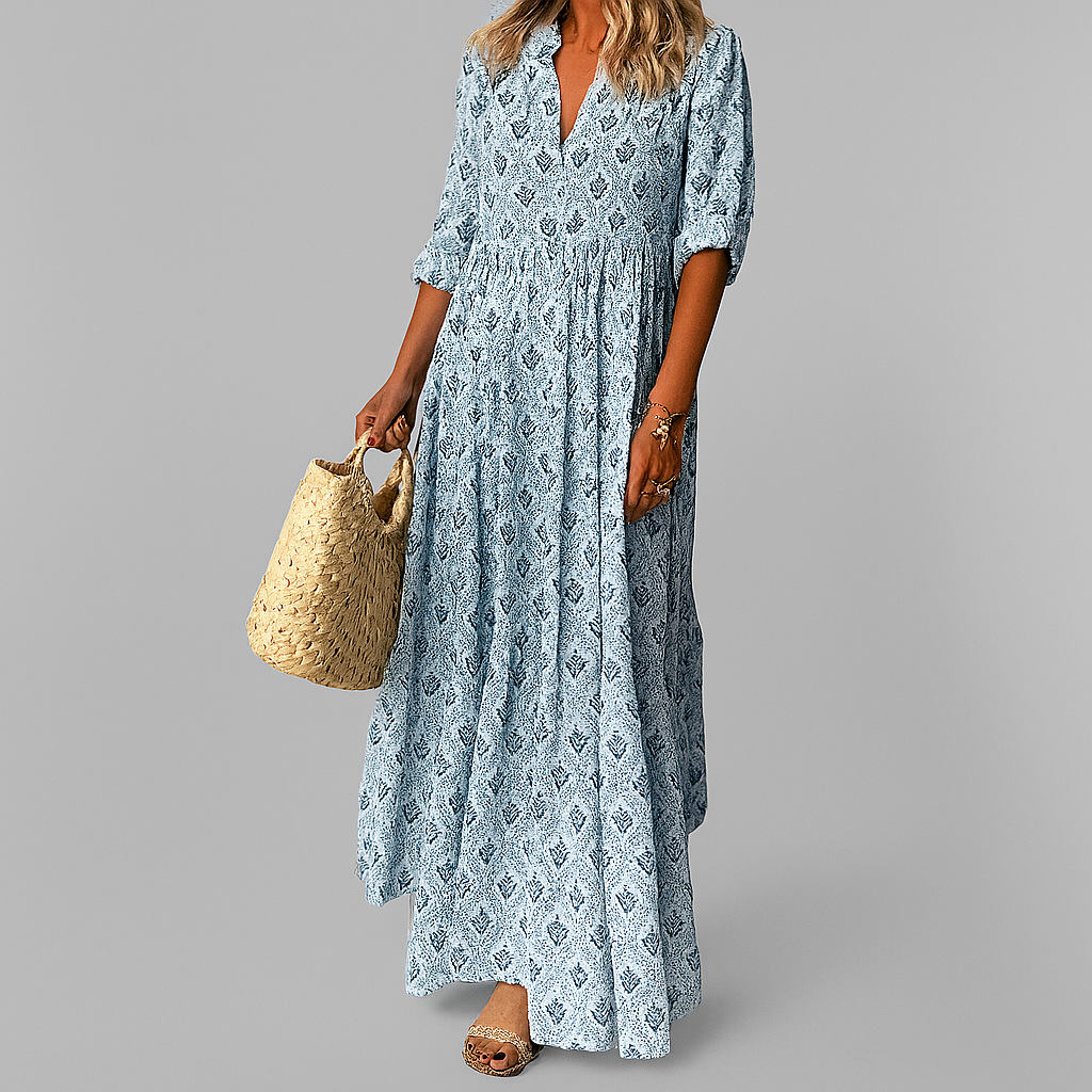 Kobieta Vintage Print Lekka Bawełniana Sukienka Maxi