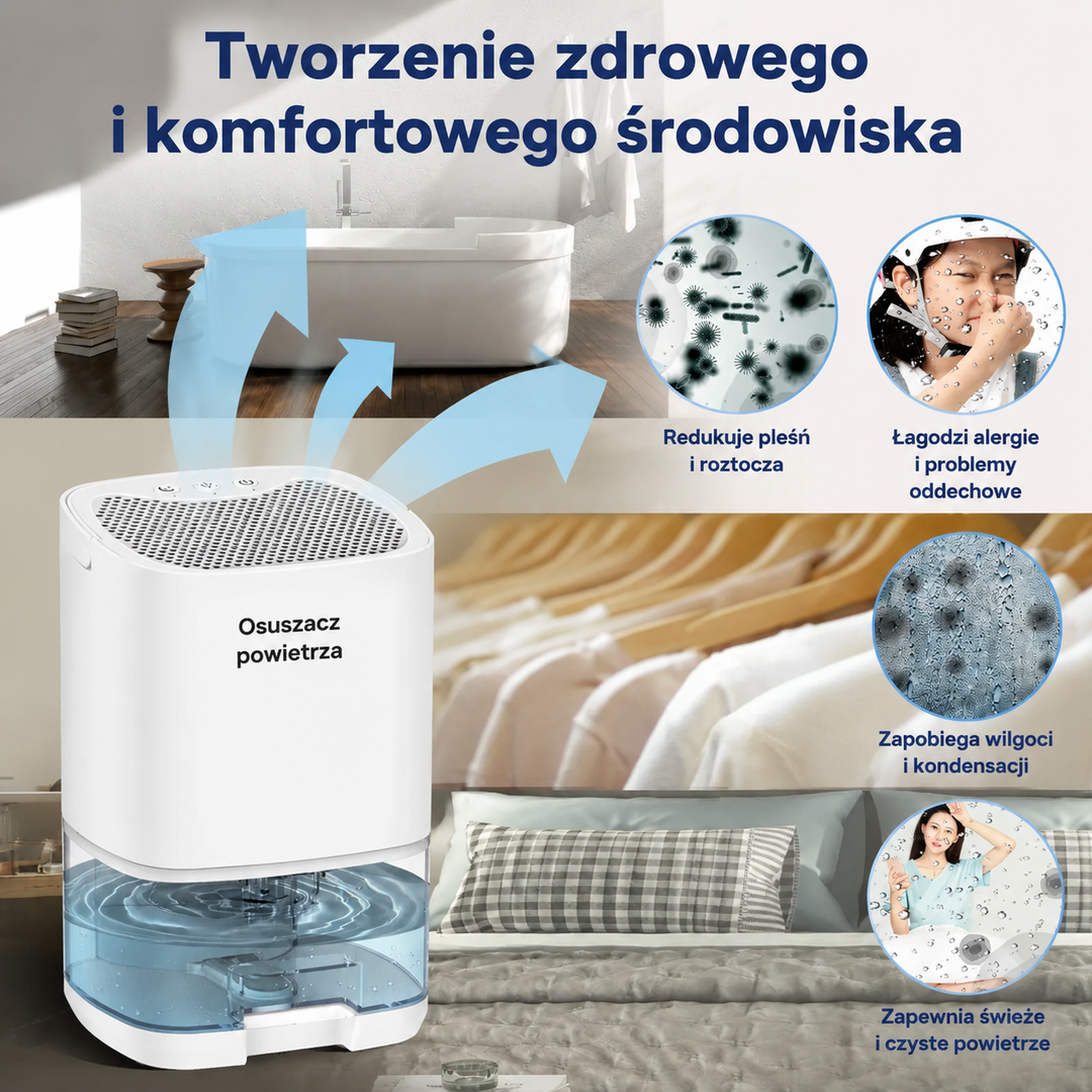 Przenośny osuszacz powietrza 2 w 1 1000 ml z filtrem powietrza i lampką nocną