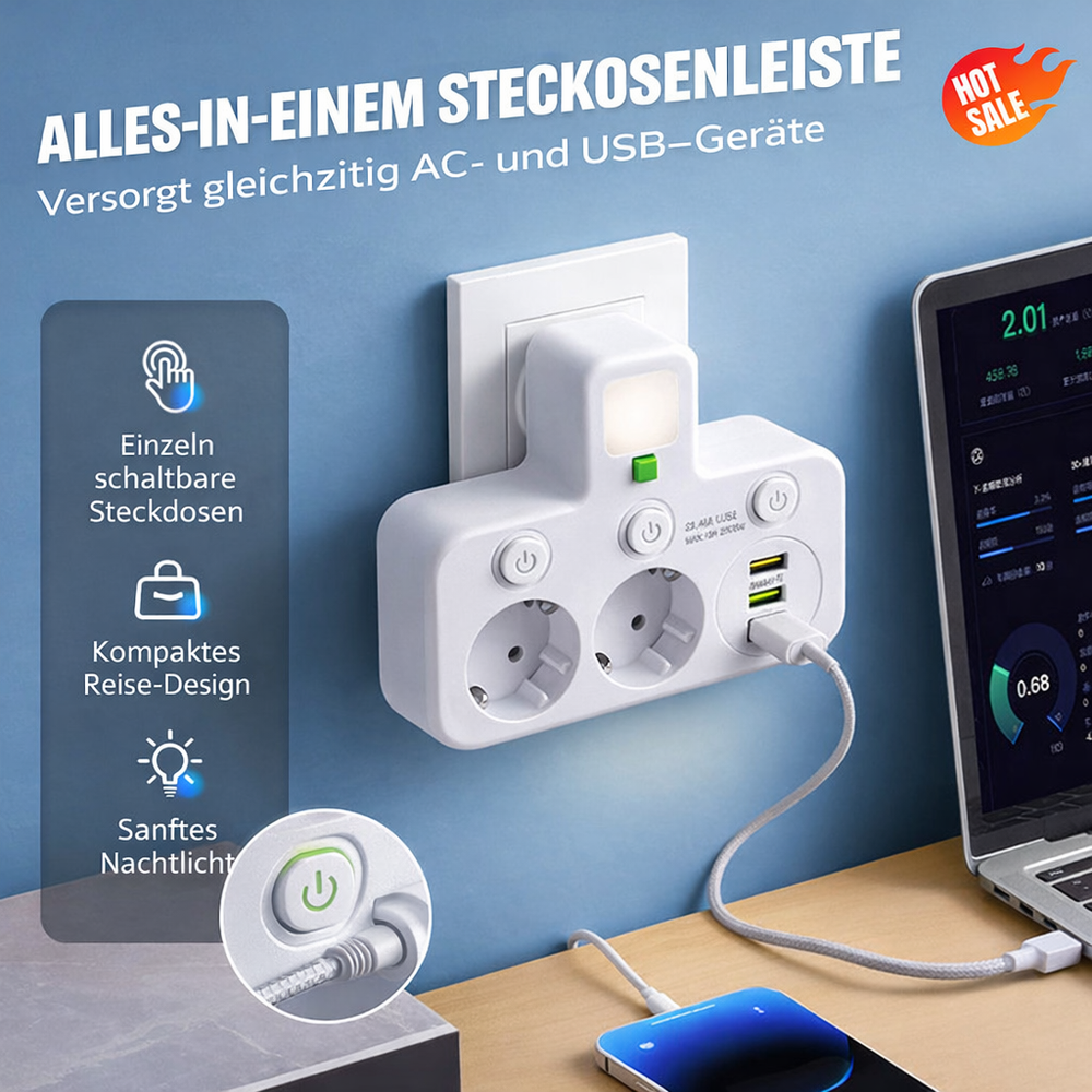 Listwa zasilająca z USB i przełącznikami | Wielogniazdowa z ochroną przeciwprzepięciową 2500 W