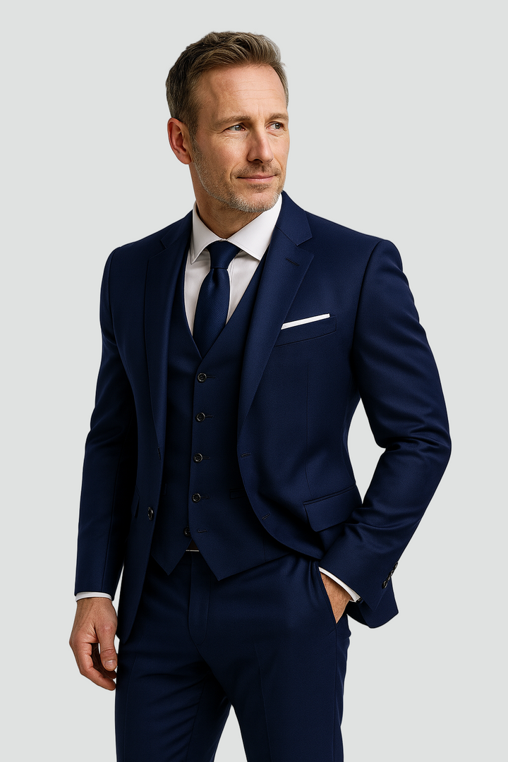 Męski formalny garnitur trzyczęściowy slim fit z kamizelką