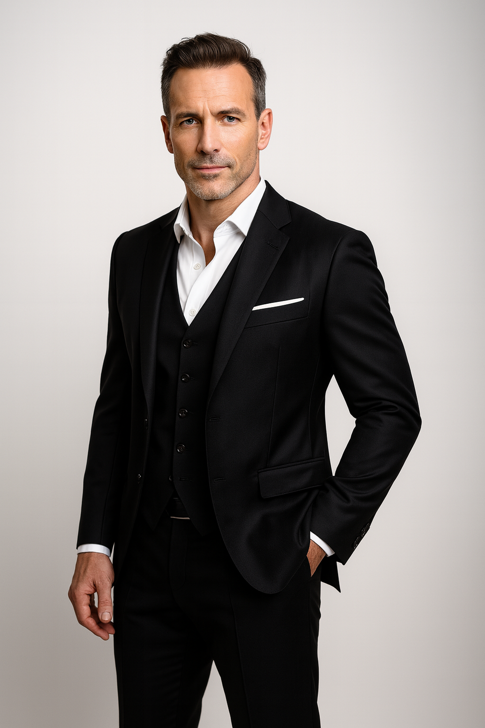 Męski formalny garnitur trzyczęściowy slim fit z kamizelką