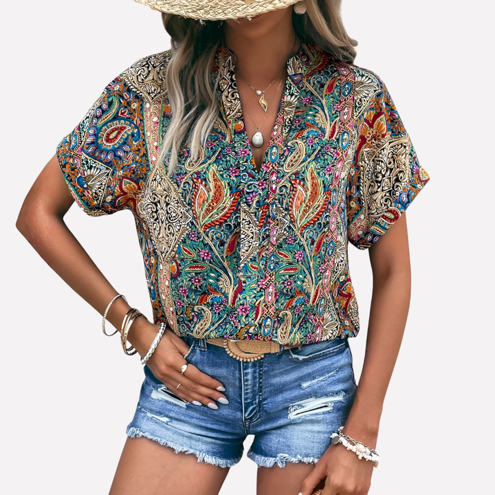 Kobieta Casual V-Neck Bluzka z Wzorem Paisley i Opadającymi Rękawami