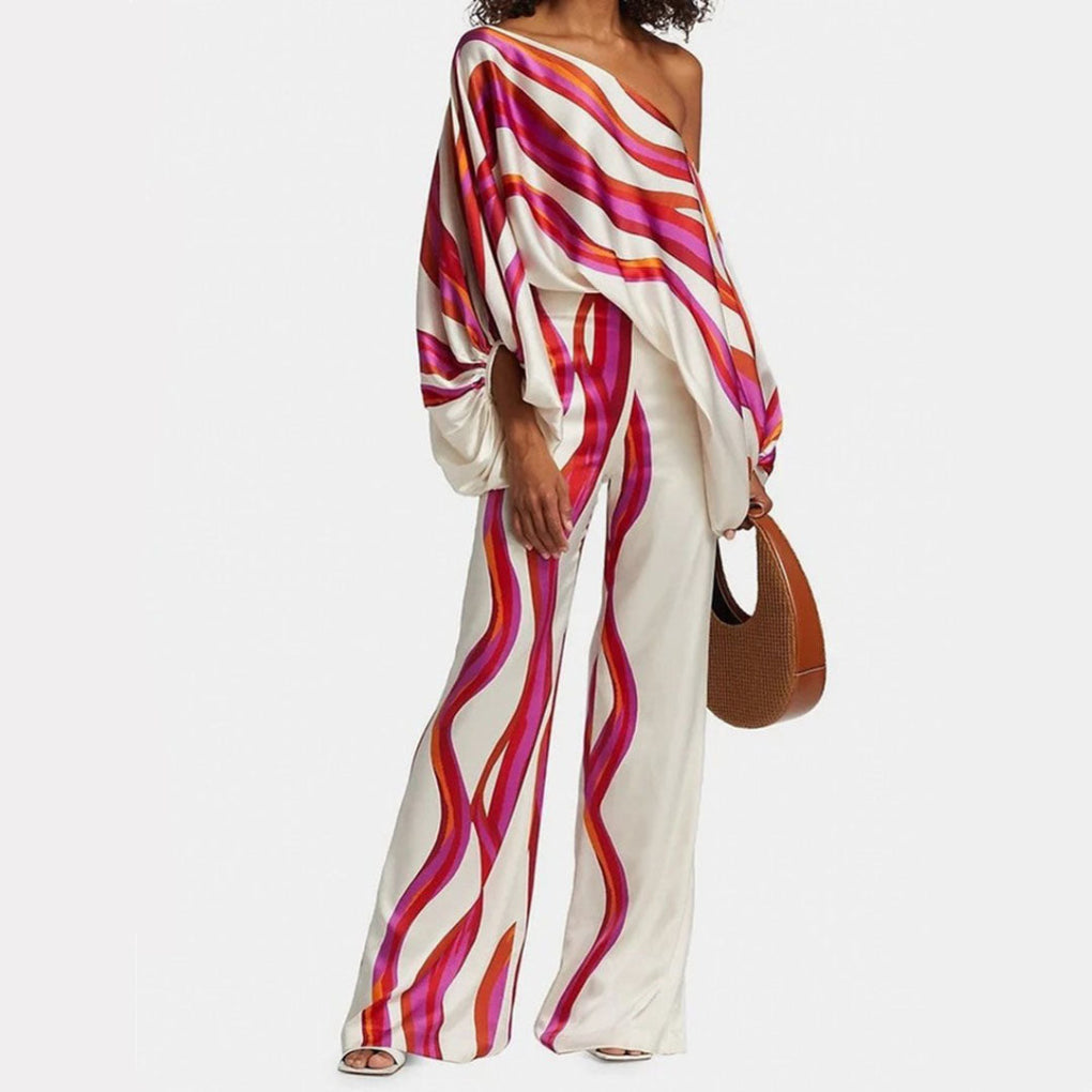 Kobiece satynowe 2-częściowe zestaw w stylu off-shoulder