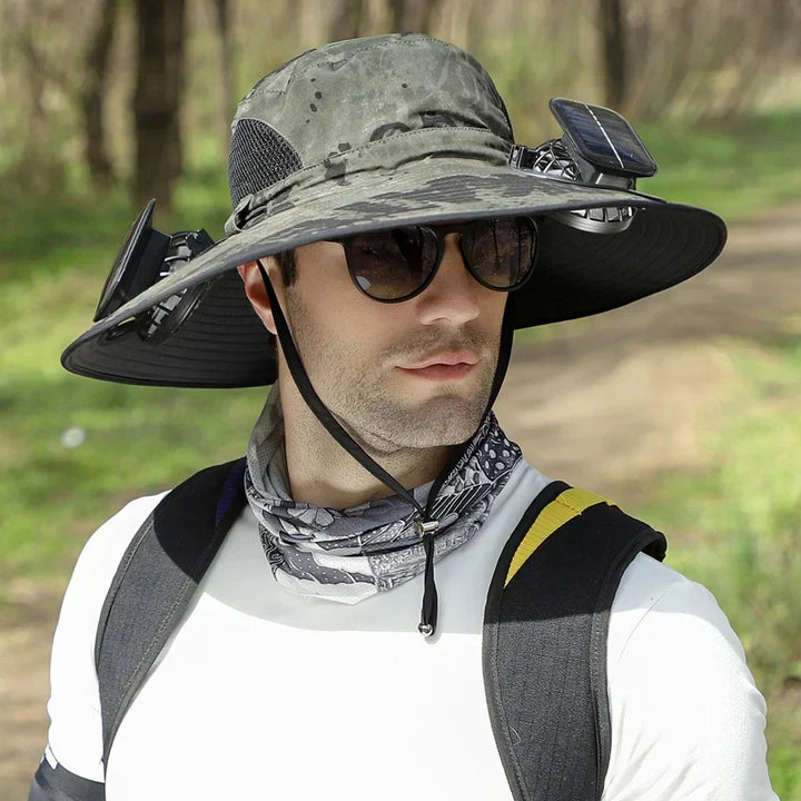 Chłodzący kapelusz solarny SunAura | Regulowany kapelusz chłodzący z podwójnym zasilaniem i ochroną UV