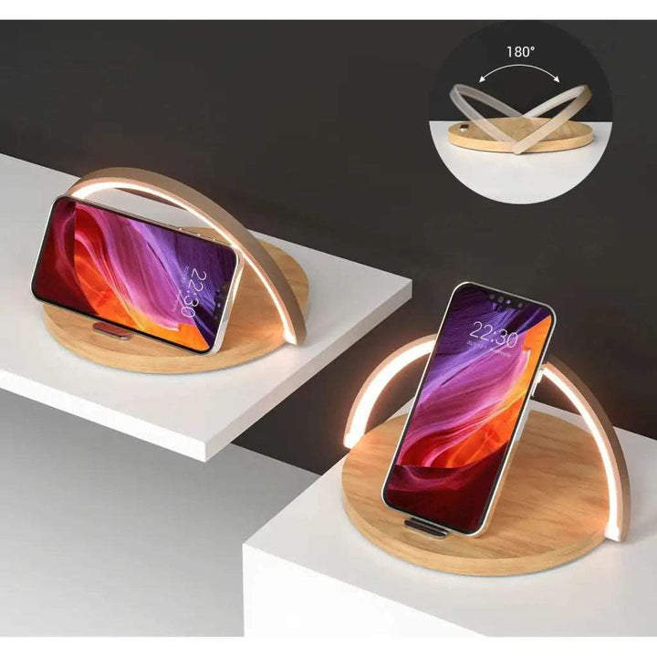 Stacja ładująca AuraGlow Smart | nowoczesna lampka nocna z wbudowaną szybką ładowarką bezprzewodową dla wszystkich urządzeń obsługujących Qi