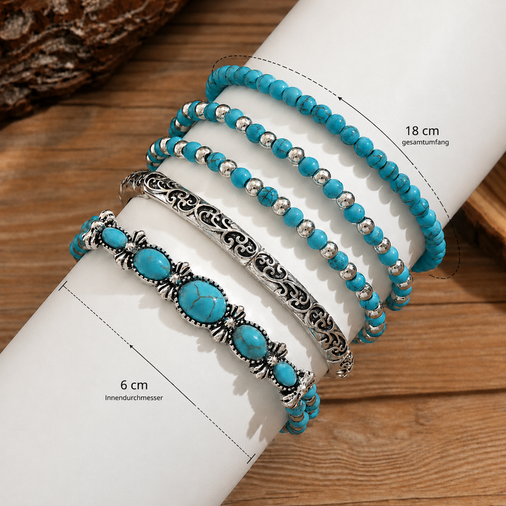 Zestaw bransoletek boho – 5 sztuk, z turkusowymi koralikami