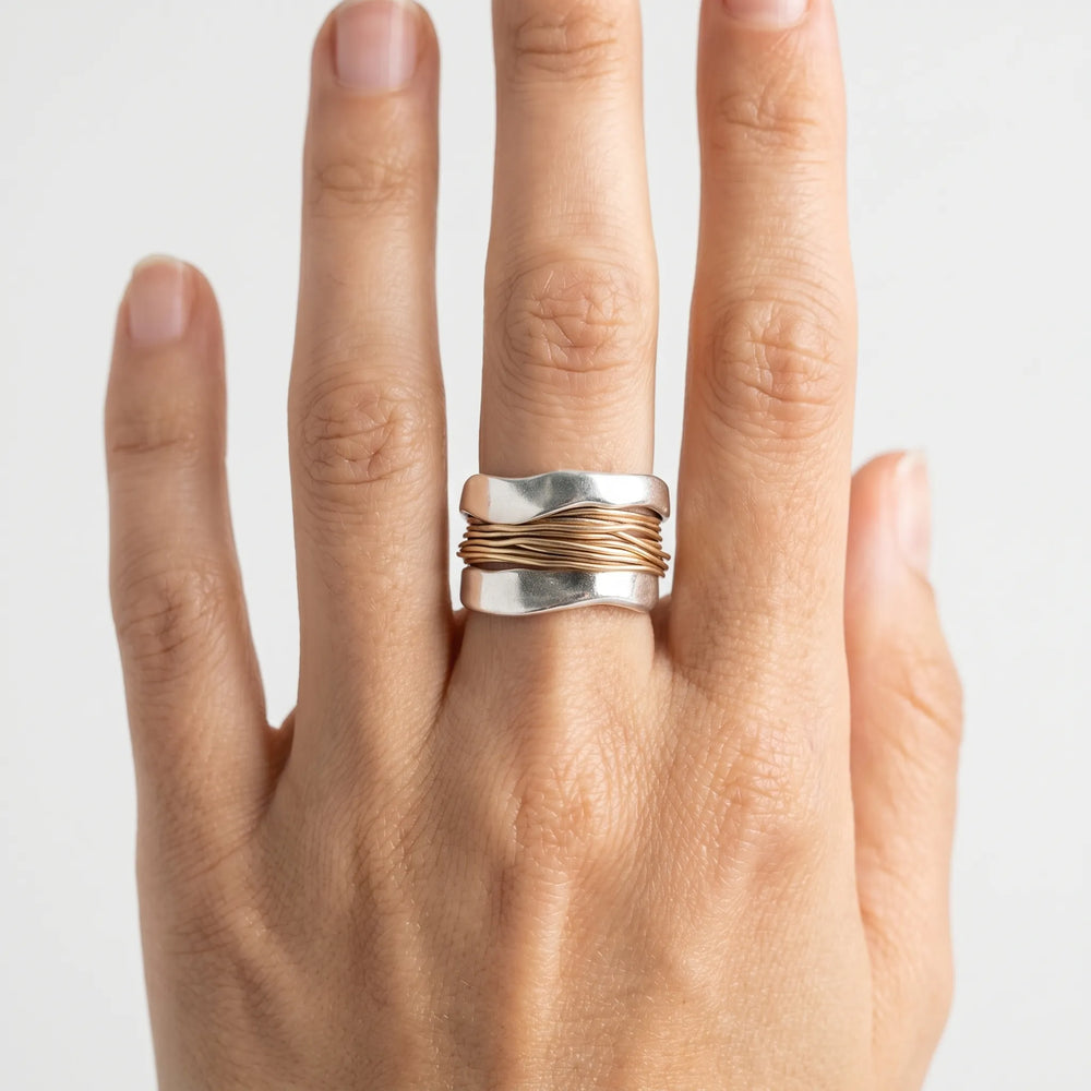 LumenaraSilver Ring With Wrapped Gold-Tone Wire Accents