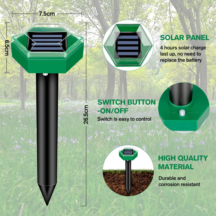 Odstraszacz kretów 4 sztuki | Zasilany energią słoneczną i odporny na warunki atmosferyczne | Łatwy montaż | MoleSilent