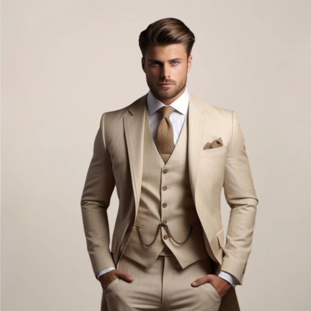 Oddychający, trzyczęściowy garnitur ślubny męski – szyty na miarę, formalna moda wiosenna