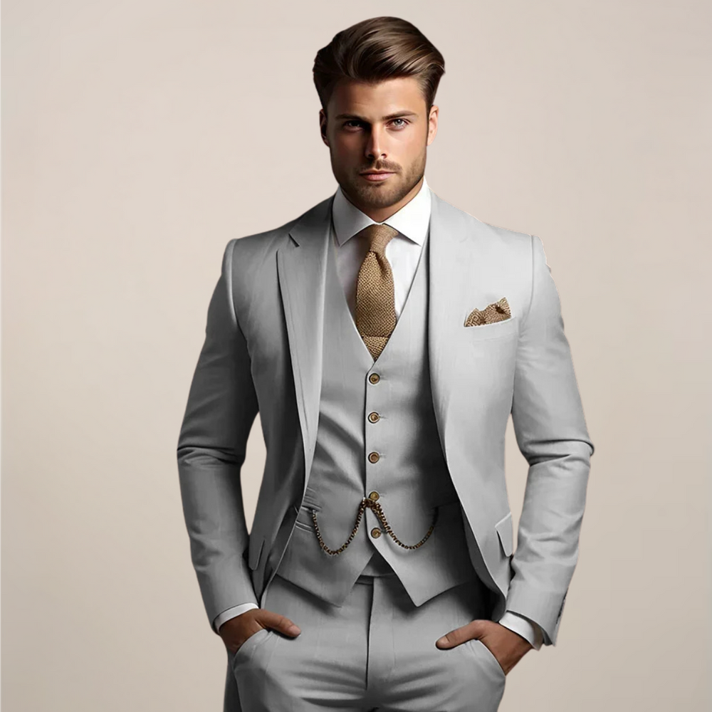 Oddychający, trzyczęściowy garnitur ślubny męski – szyty na miarę, formalna moda wiosenna