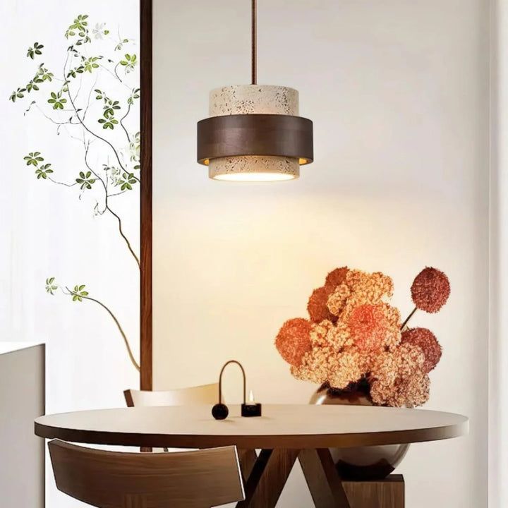 Orvina Wabi-Sabi Lampa Wisząca z Naturalnego Trawertynu w Kształcie Cylindra - Wyspa Kuchenna Japandi