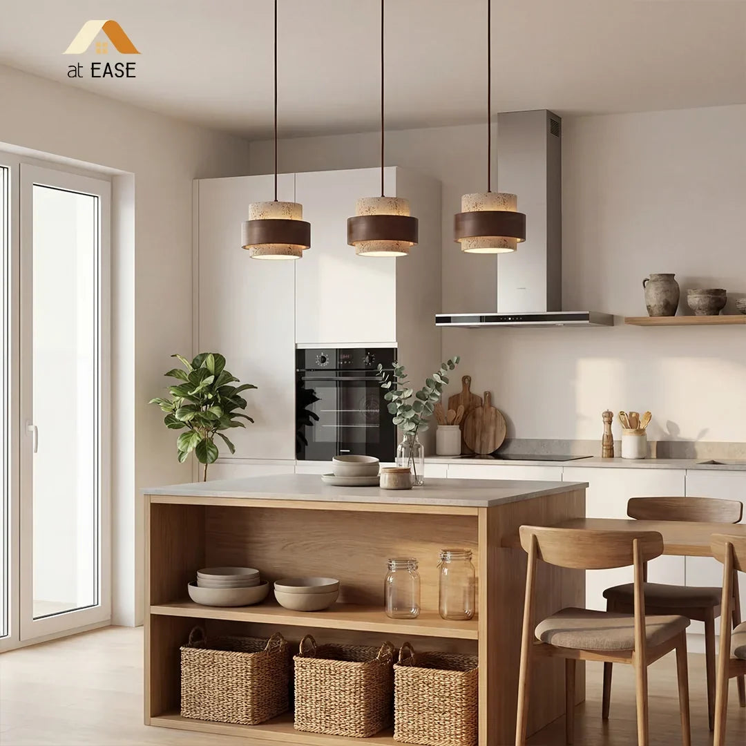 Orvina Wabi-Sabi Lampa Wisząca z Naturalnego Trawertynu w Kształcie Cylindra - Wyspa Kuchenna Japandi