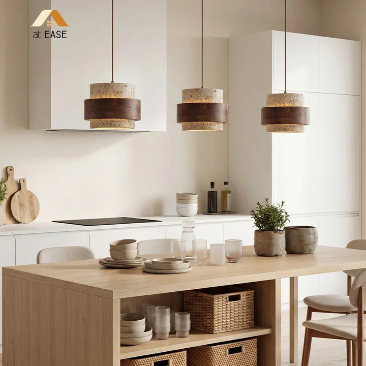 Orvina Wabi-Sabi Lampa Wisząca z Naturalnego Trawertynu w Kształcie Cylindra - Wyspa Kuchenna Japandi