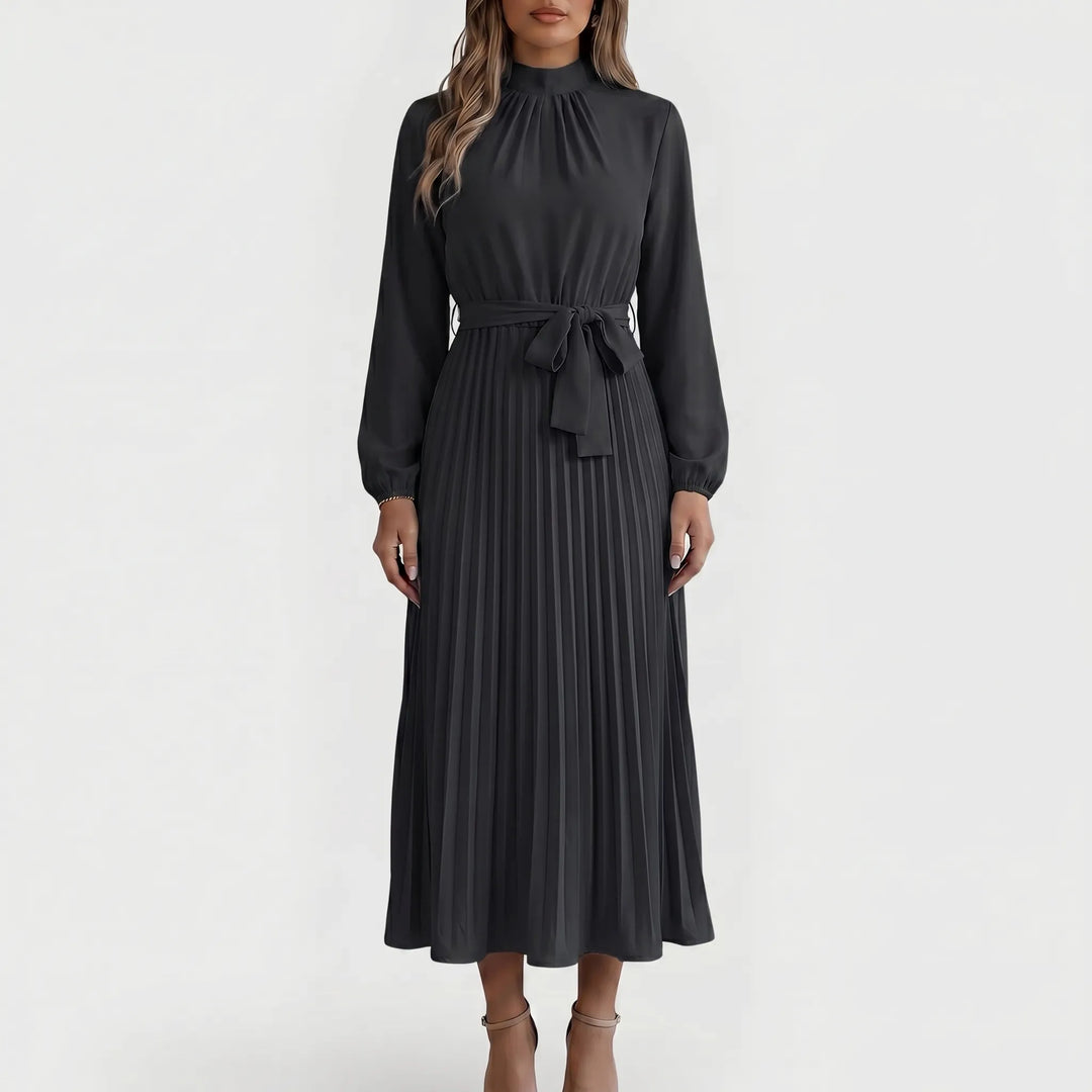 PlyssaraLong-Sleeve Pleated Midi Dress With Waist Tie