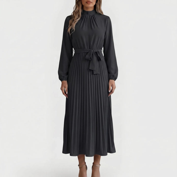 PlyssaraLong-Sleeve Pleated Midi Dress With Waist Tie