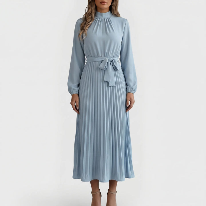 PlyssaraLong-Sleeve Pleated Midi Dress With Waist Tie