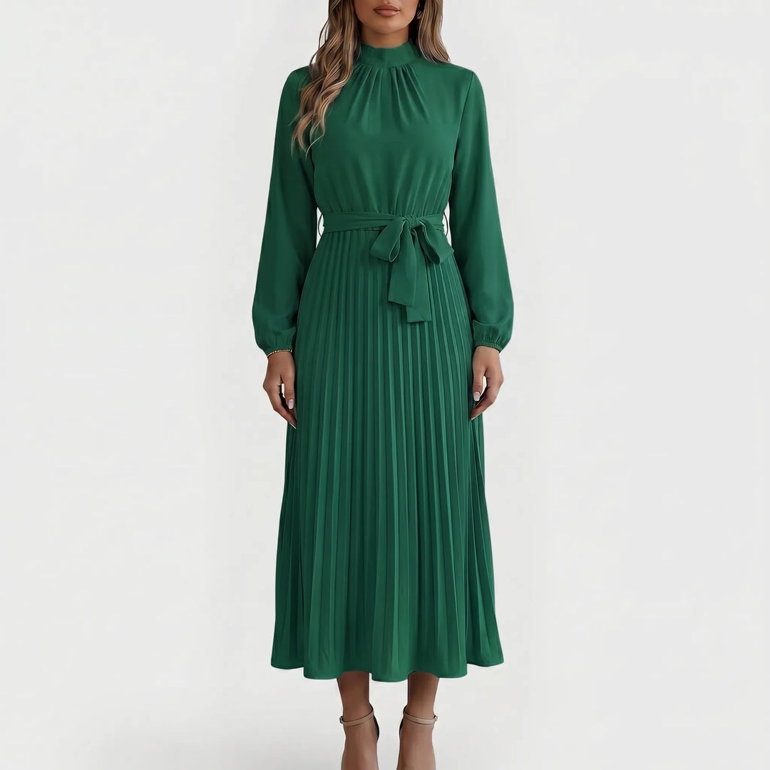 PlyssaraLong-Sleeve Pleated Midi Dress With Waist Tie