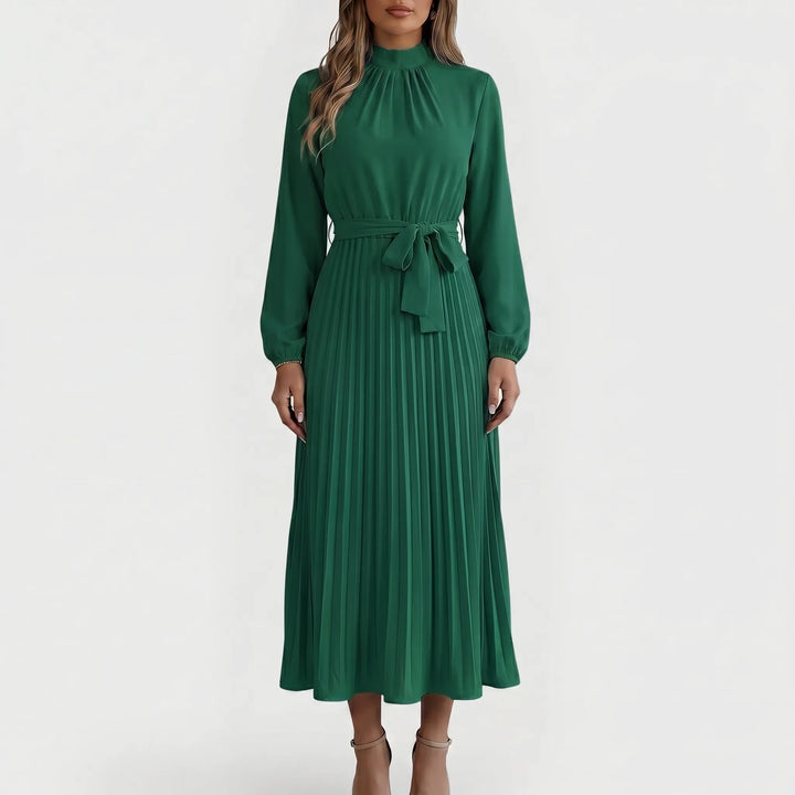 PlyssaraLong-Sleeve Pleated Midi Dress With Waist Tie