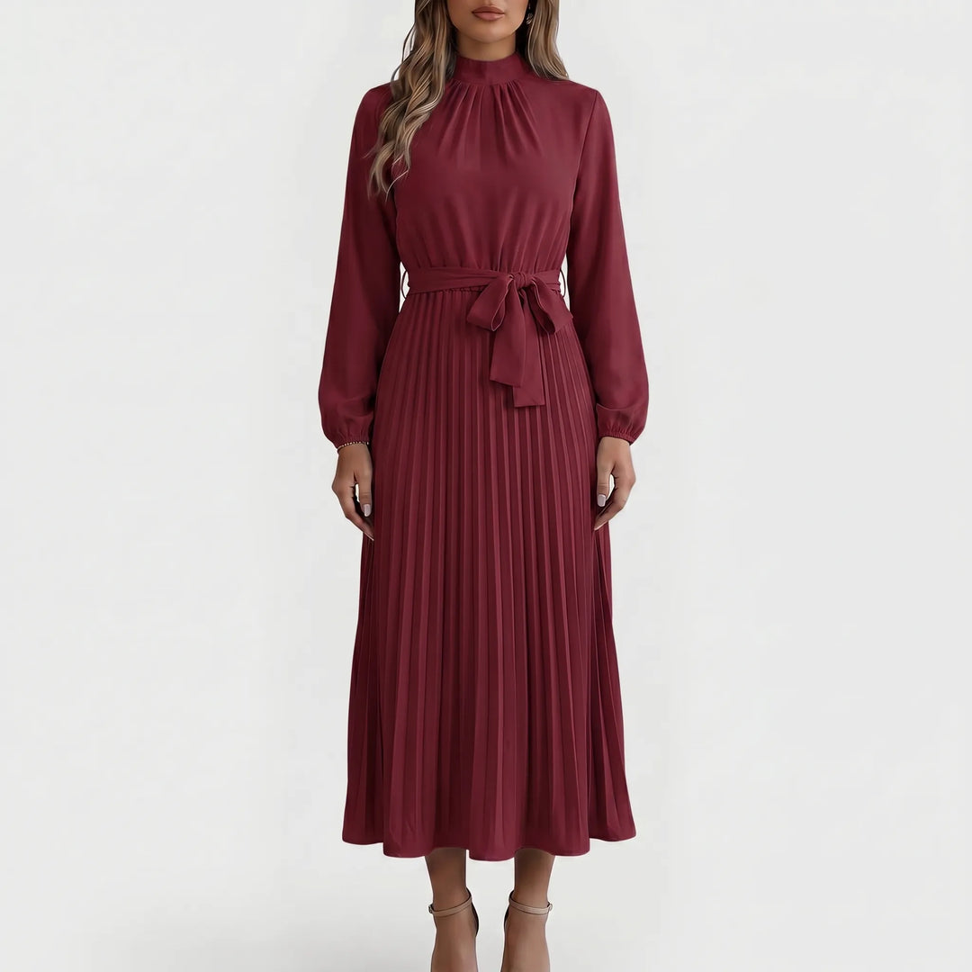 PlyssaraLong-Sleeve Pleated Midi Dress With Waist Tie