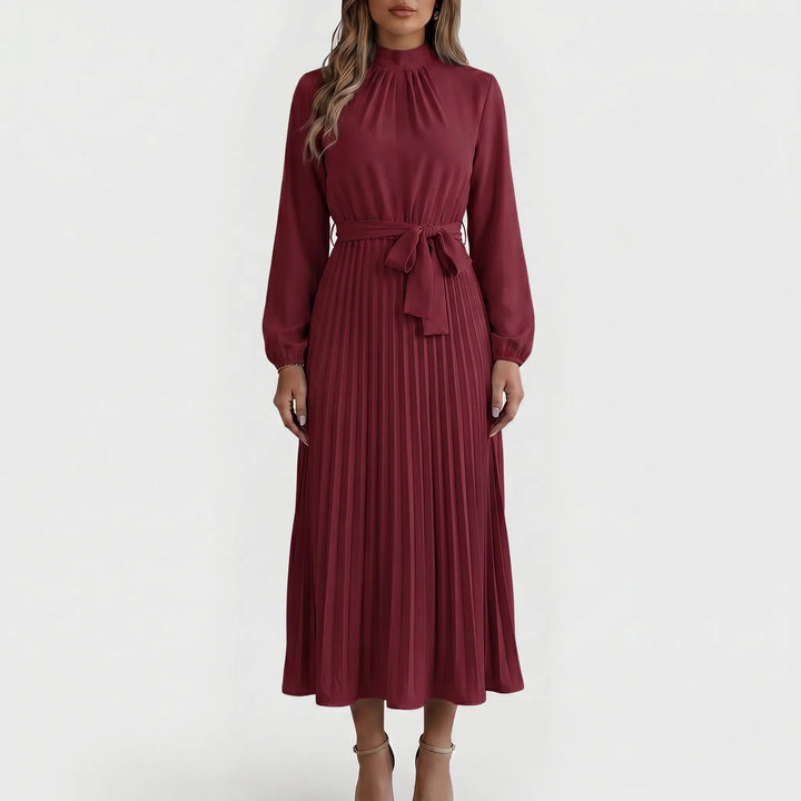 PlyssaraLong-Sleeve Pleated Midi Dress With Waist Tie