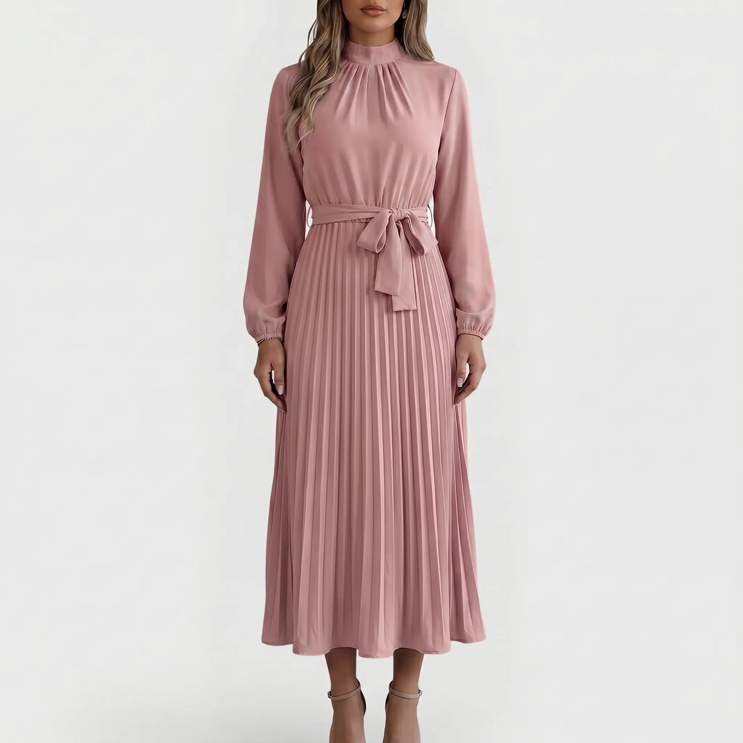 PlyssaraLong-Sleeve Pleated Midi Dress With Waist Tie