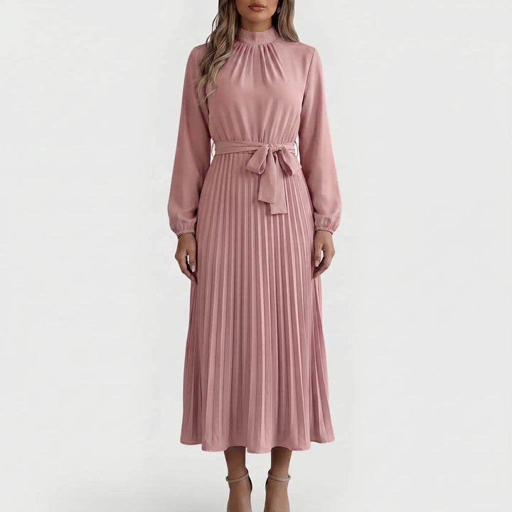 PlyssaraLong-Sleeve Pleated Midi Dress With Waist Tie