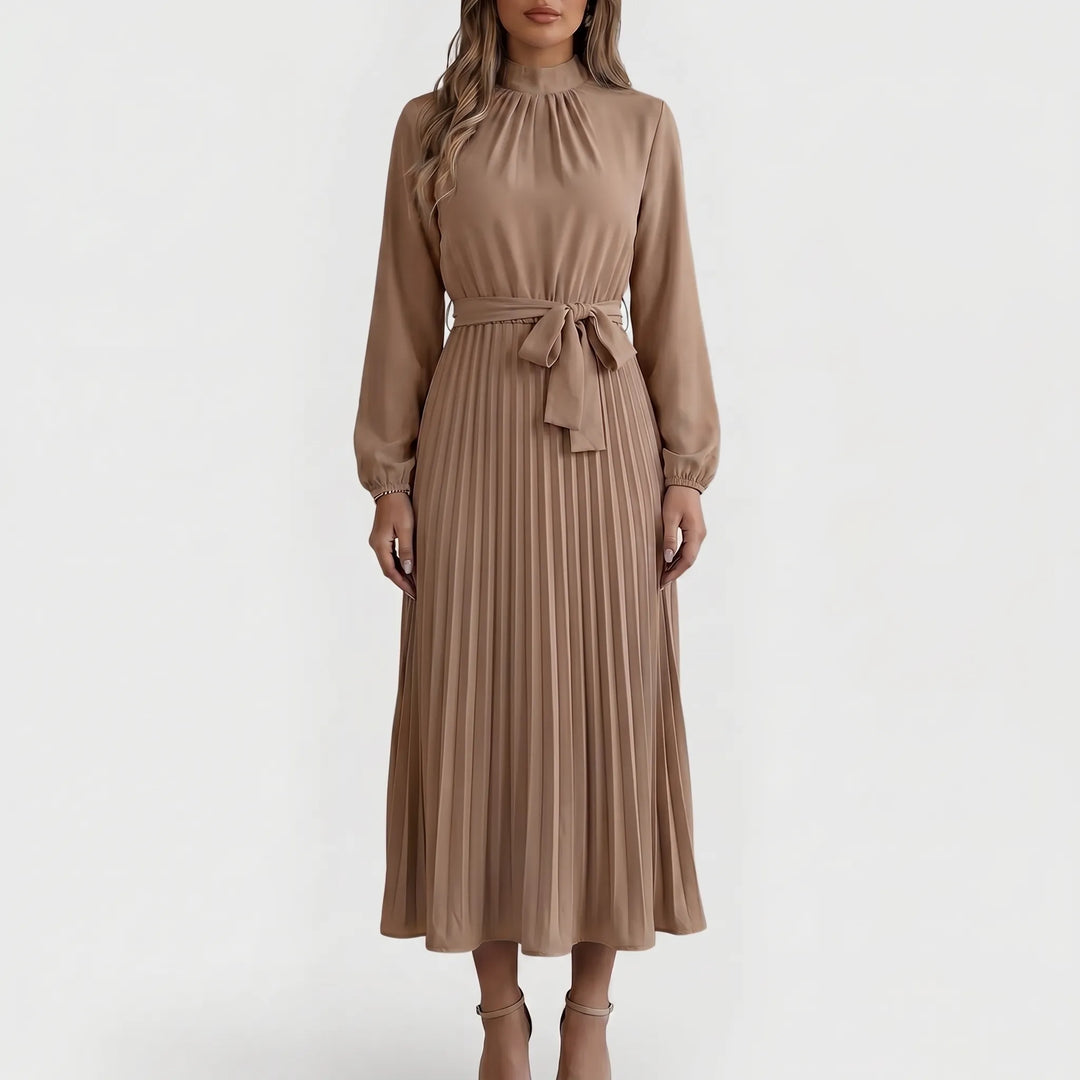 PlyssaraLong-Sleeve Pleated Midi Dress With Waist Tie