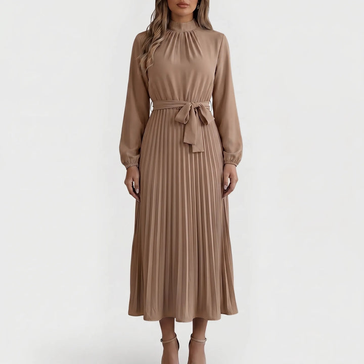 PlyssaraLong-Sleeve Pleated Midi Dress With Waist Tie