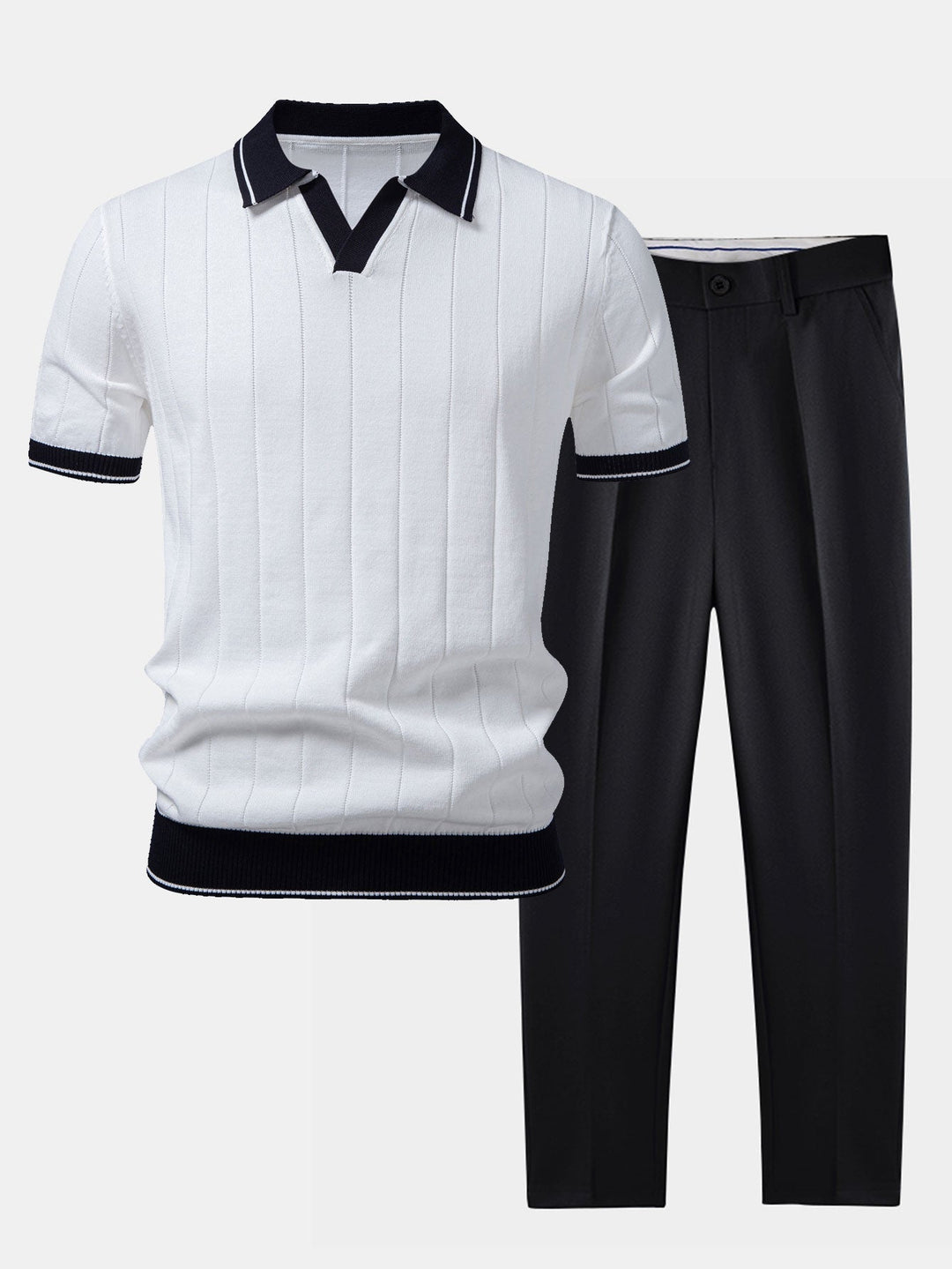 Męska polówka w prążki i zwężane spodnie – komplet smart casual