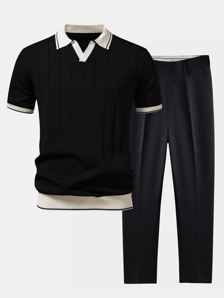 Męska polówka w prążki i zwężane spodnie – komplet smart casual