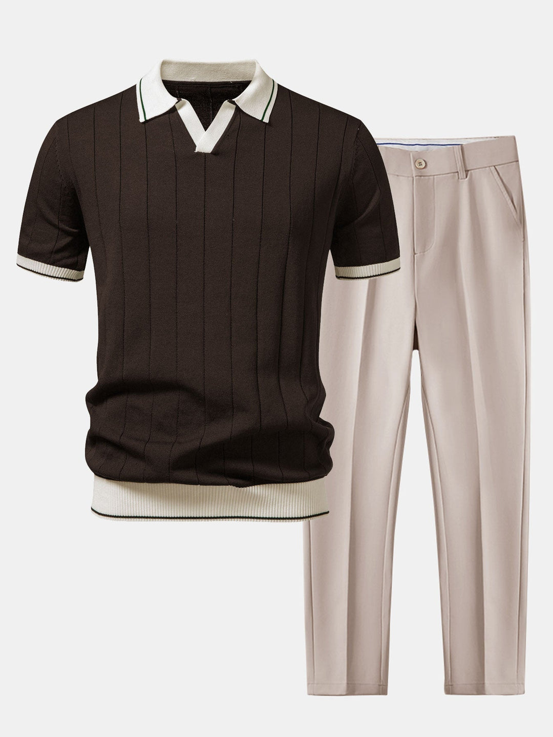 Męska polówka w prążki i zwężane spodnie – komplet smart casual
