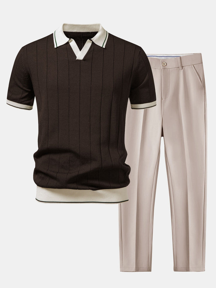 Męska polówka w prążki i zwężane spodnie – komplet smart casual