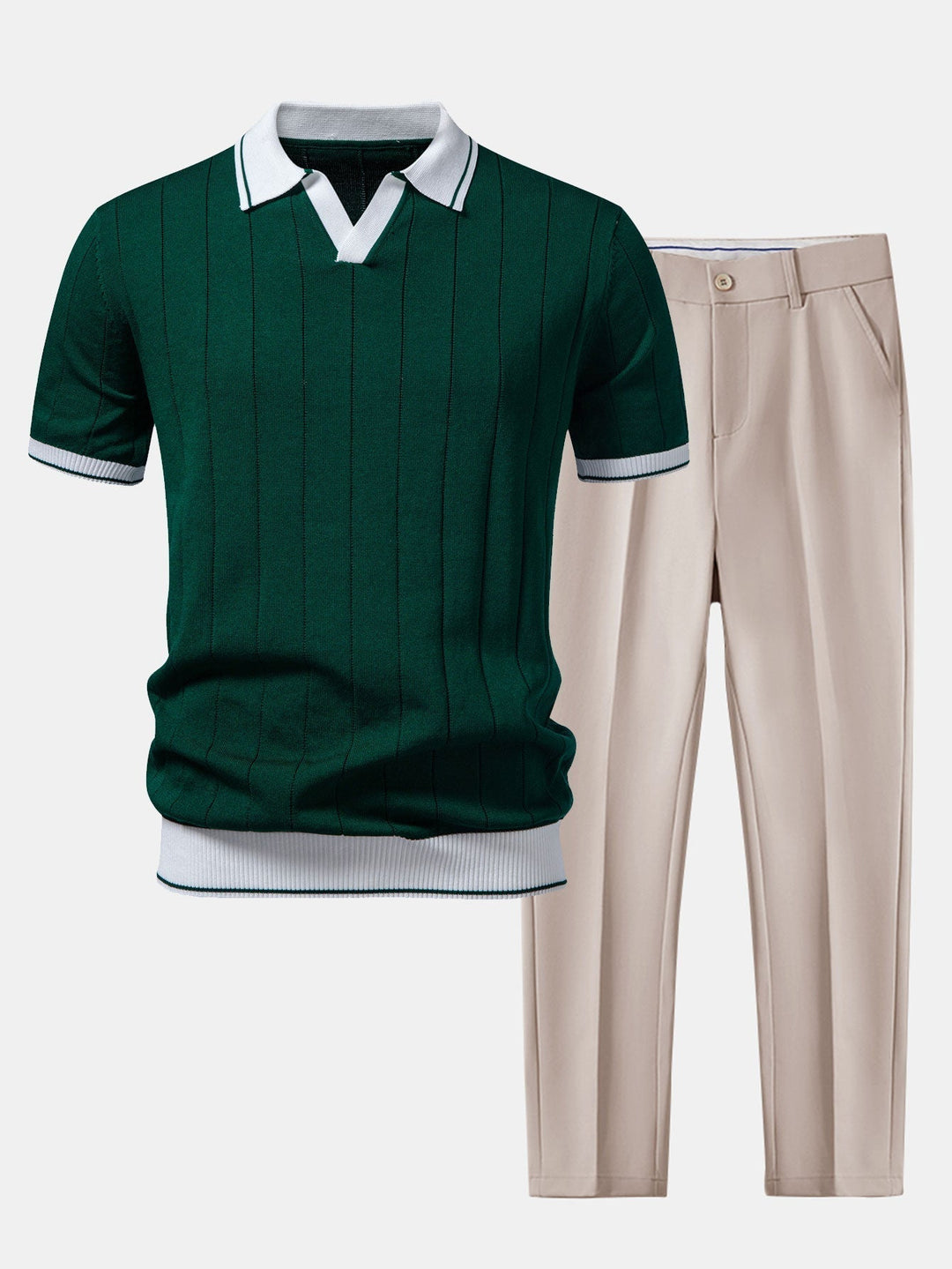 Męska polówka w prążki i zwężane spodnie – komplet smart casual