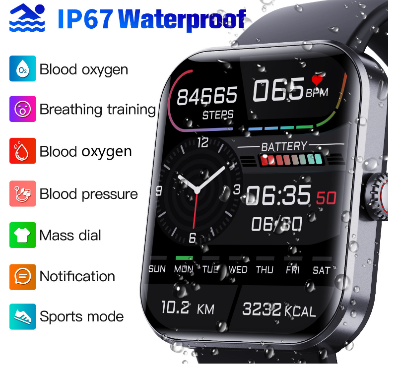 Wodoodporny smartwatch z pomiarem ciśnienia krwi, saturacji krwi i snu