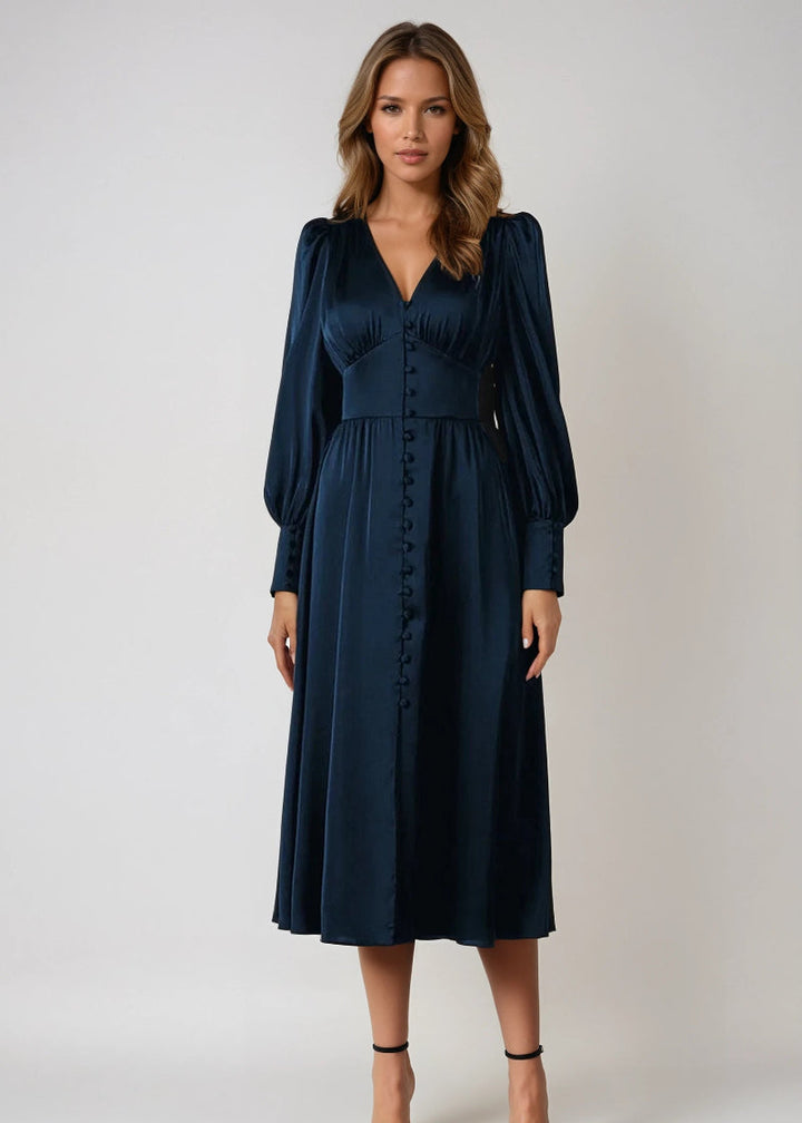 Elegancka Satynowa Sukienka Maxi z Dekoltem V dla Kobiet Timeless Elegance z Nowoczesnym Akcentem