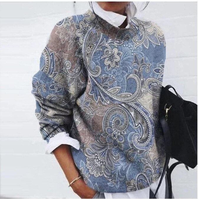 Damski sweter w kwiaty – dzianinowy pulower z fantazyjnym nadrukiem