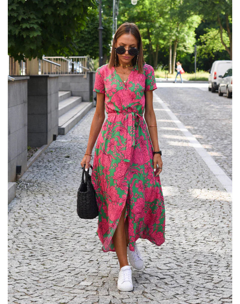 Kwiatowa Sukienka Maxi na Lato z Eleganckim Dekoltem V