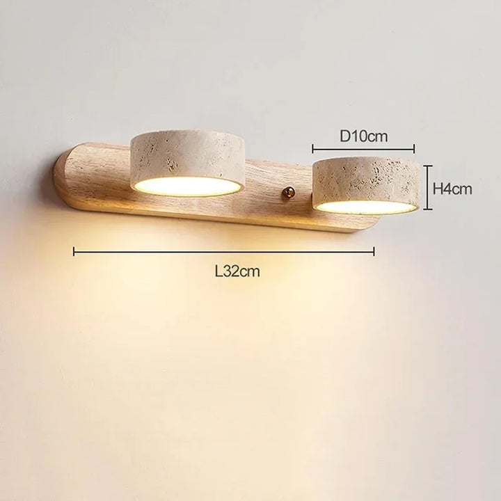 Nowoczesna lampa ścienna LED z obrotowymi kloszami z kamienia i drewnianą podstawą