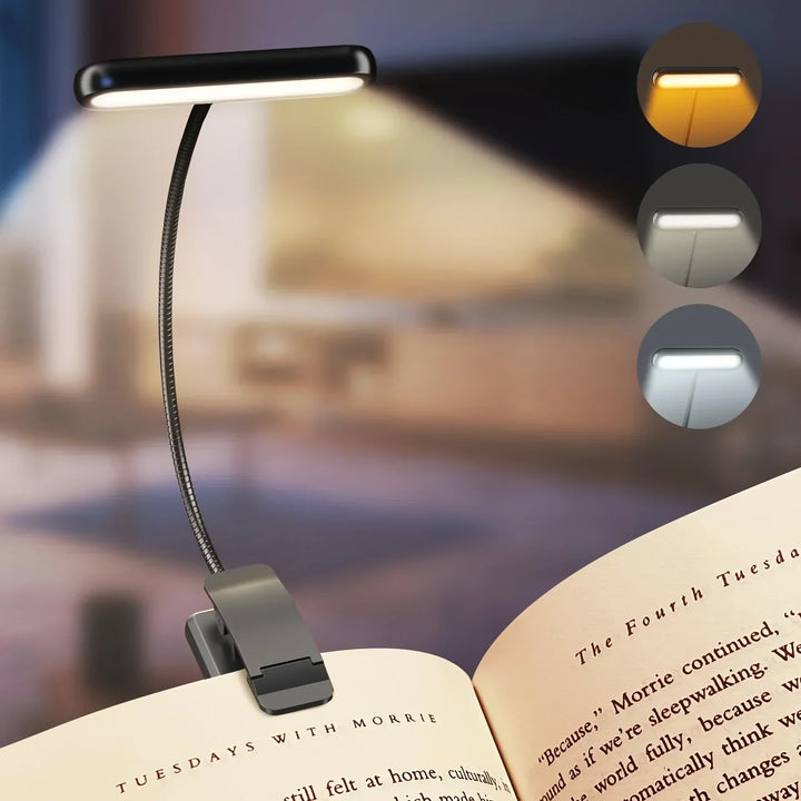 Lampka do czytania FlexiRead | Ładowana przez USB | 3 kolory światła i regulacja jasności | Klips i elastyczne ramię