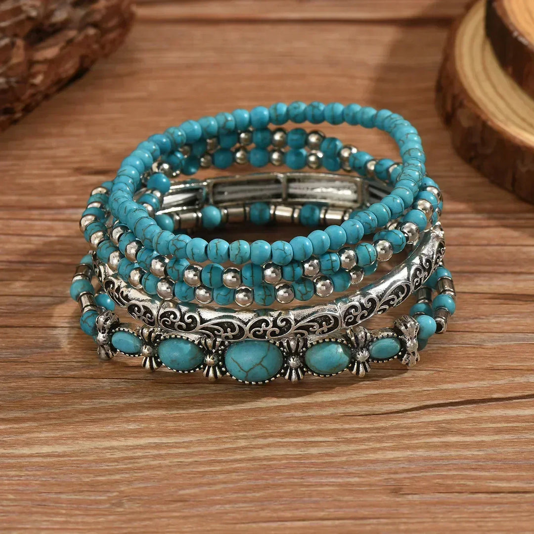 Zestaw bransoletek boho – 5 sztuk, z turkusowymi koralikami