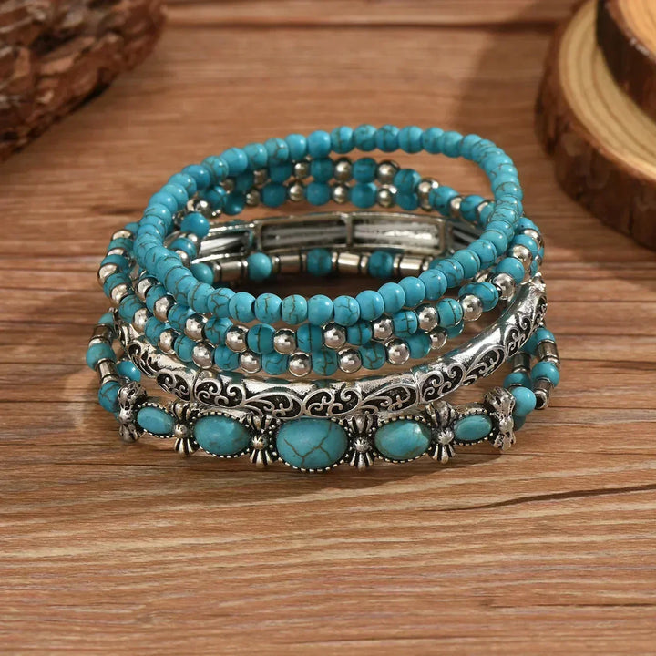 Zestaw bransoletek boho – 5 sztuk, z turkusowymi koralikami